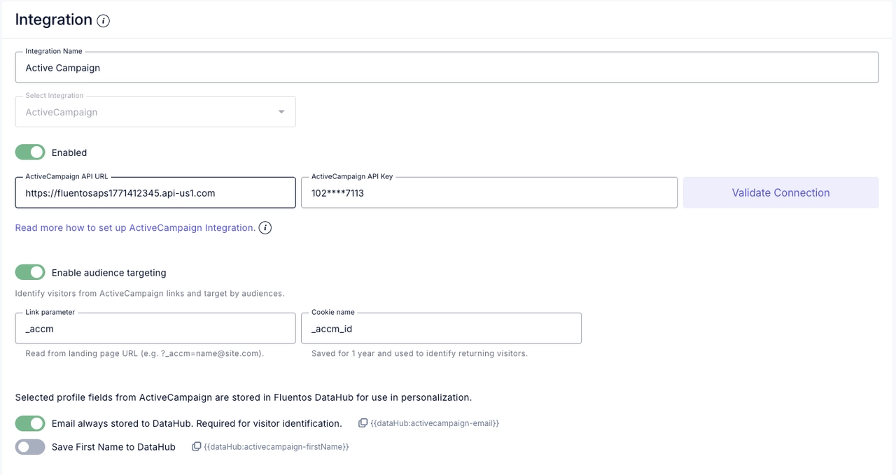 ActiveCampaign integration in Fluentos Dashboard