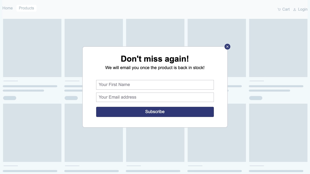 Back-in-stock popup campaign with email signup form for product availability notifications.