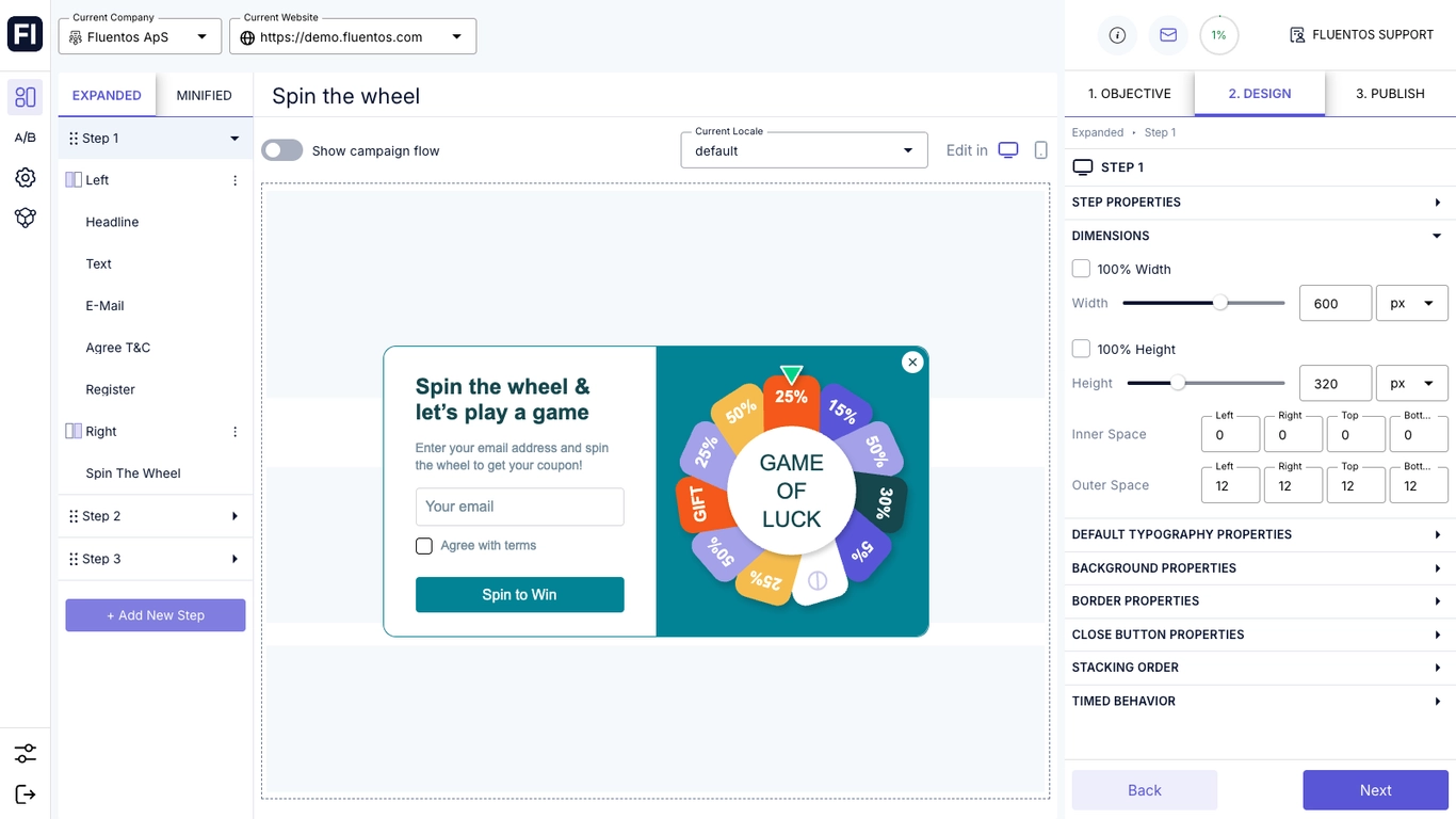 Fluentos no-code popup builder editing a gamified spin-the-wheel popup campaign. Step 1.