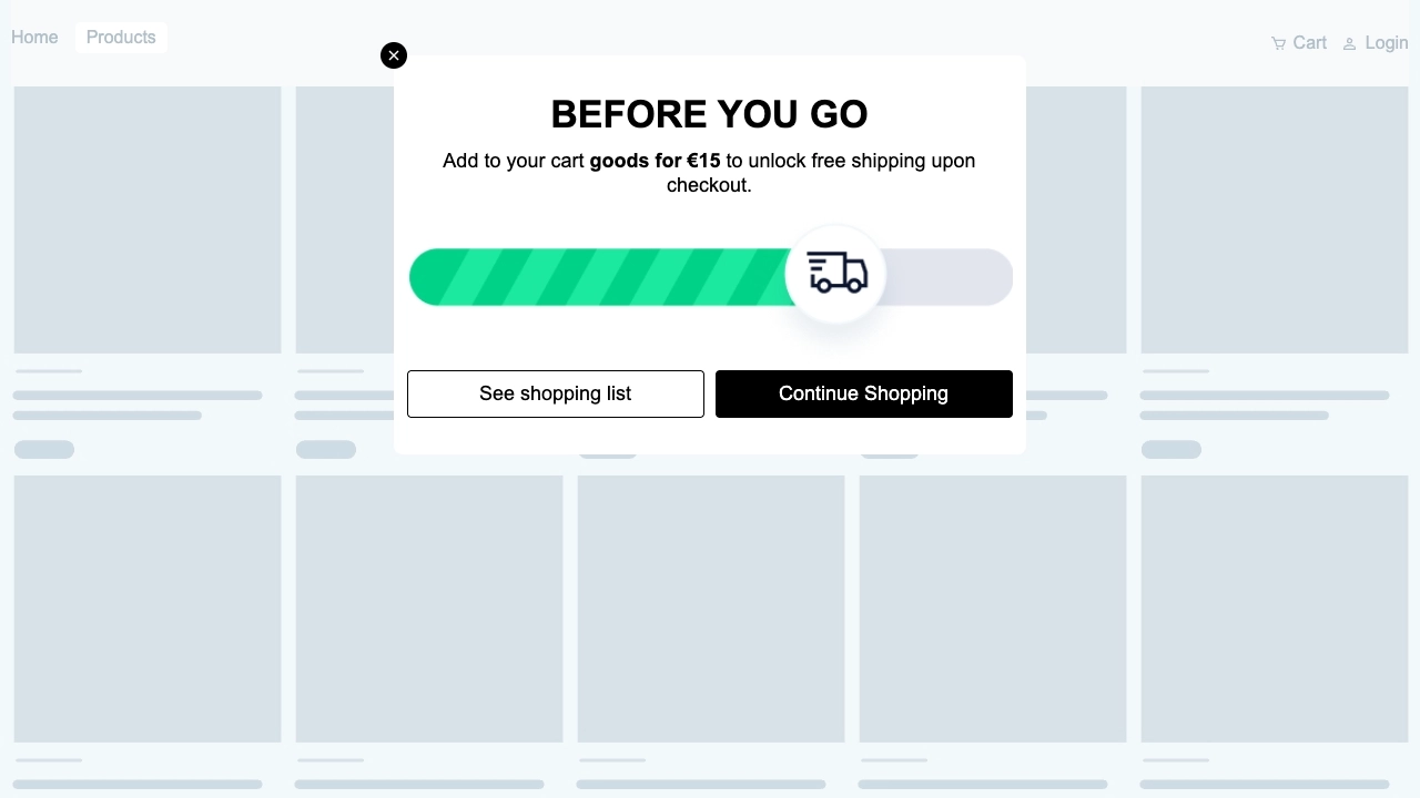 Cart abandonment popup with free shipping progress bar and exit-intent messaging to improve conversions.