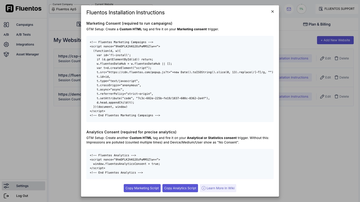 Fluentos no-code popup builder installation screen with Google Tag Manager setup instructions.