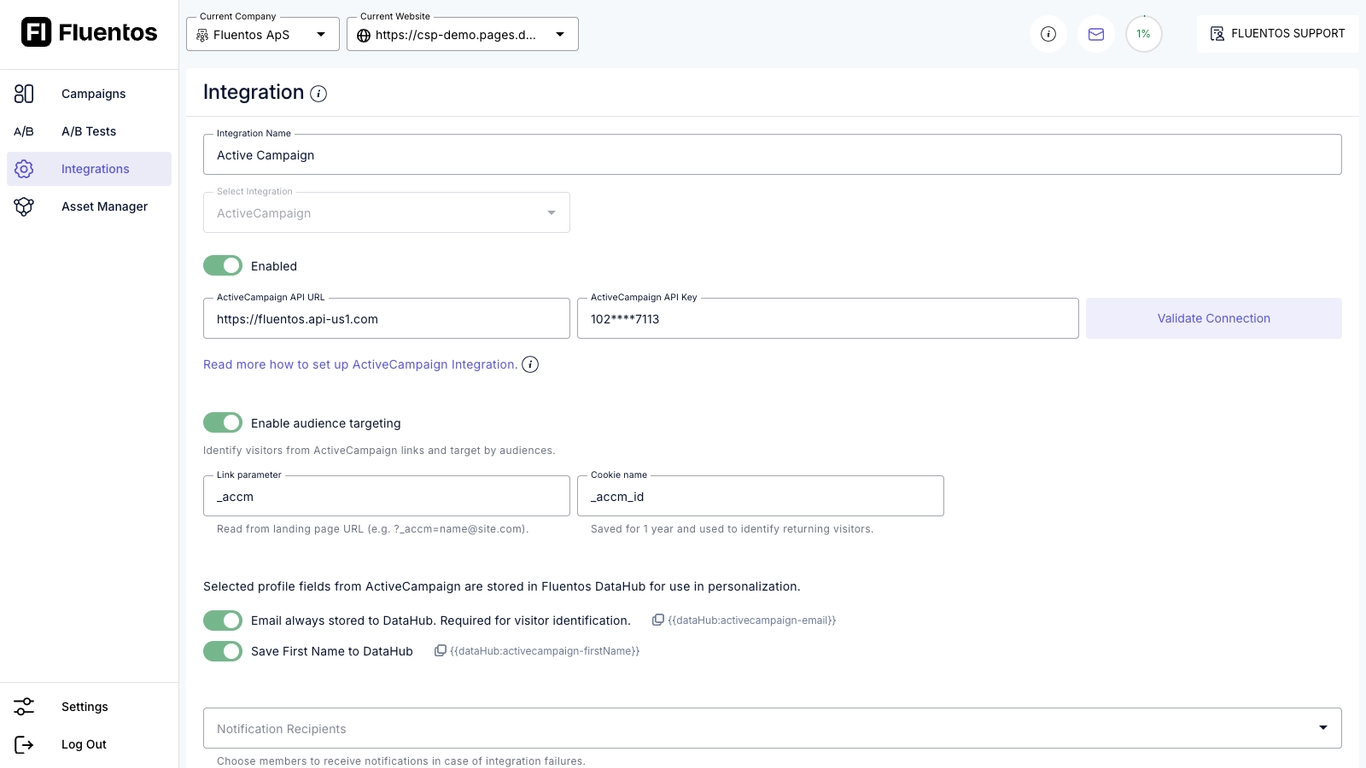 Fluentos popup integrations dashboard with CRM, API, and marketing platform connection settings.
