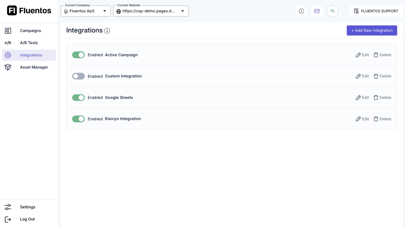 Fluentos popup integrations dashboard with CRM, API, and marketing platform connection settings.