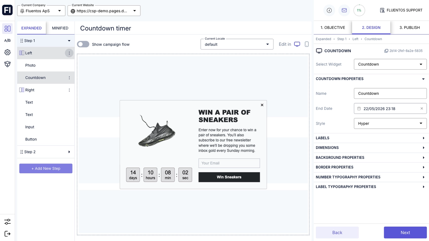 Fluentos no-code popup editor with countdown timer and giveaway popup campaign design tools.