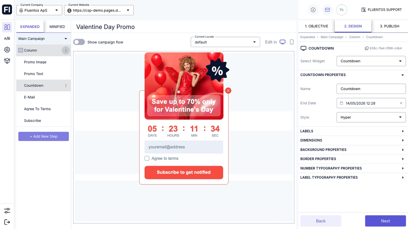 Fluentos no-code popup editor with gamification popup campaign design tools.