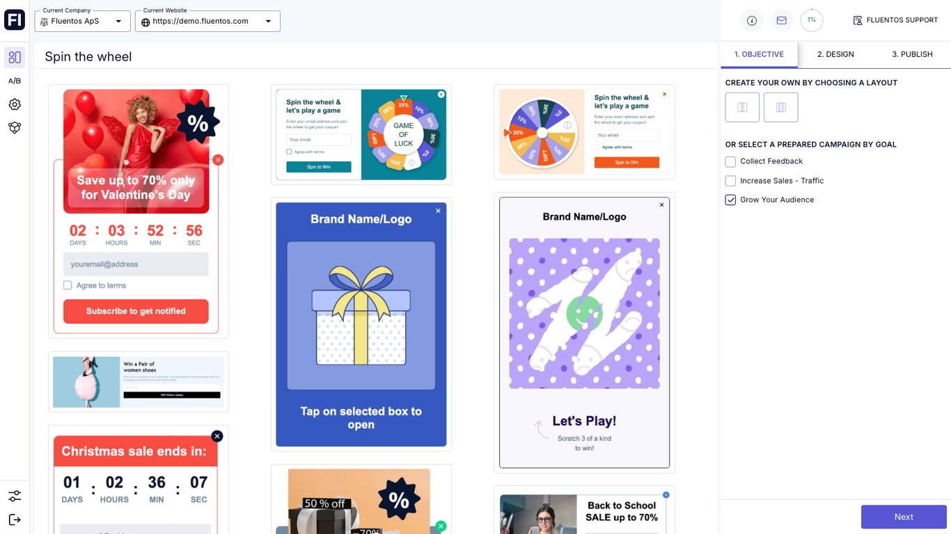 Fluentos popup campaign builder showing gamified popups, email signup forms, and lead generation campaign templates.