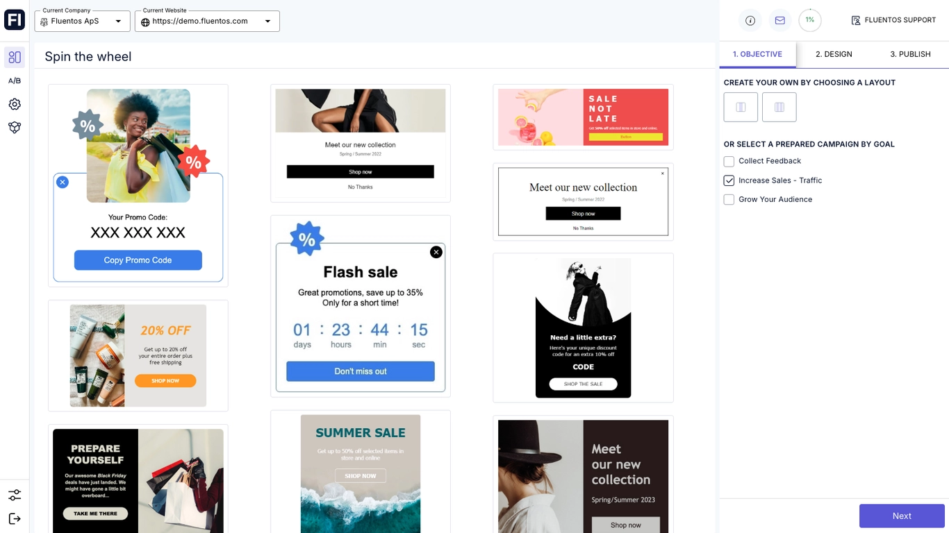 Fluentos popup campaign builder showing gamified popups, email signup forms, and lead generation campaign templates.