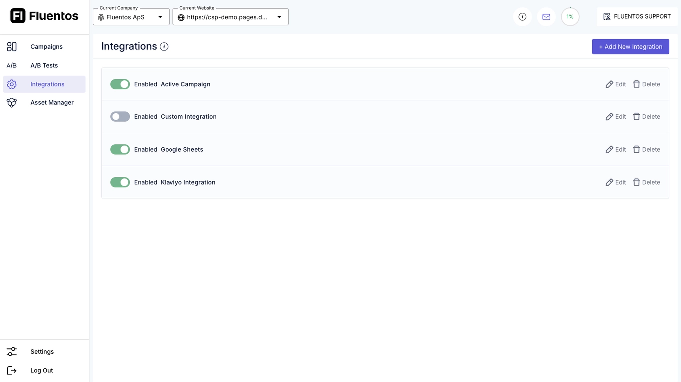 Fluentos privacy-first popup builder and integrations dashboard with minimal user data collection.