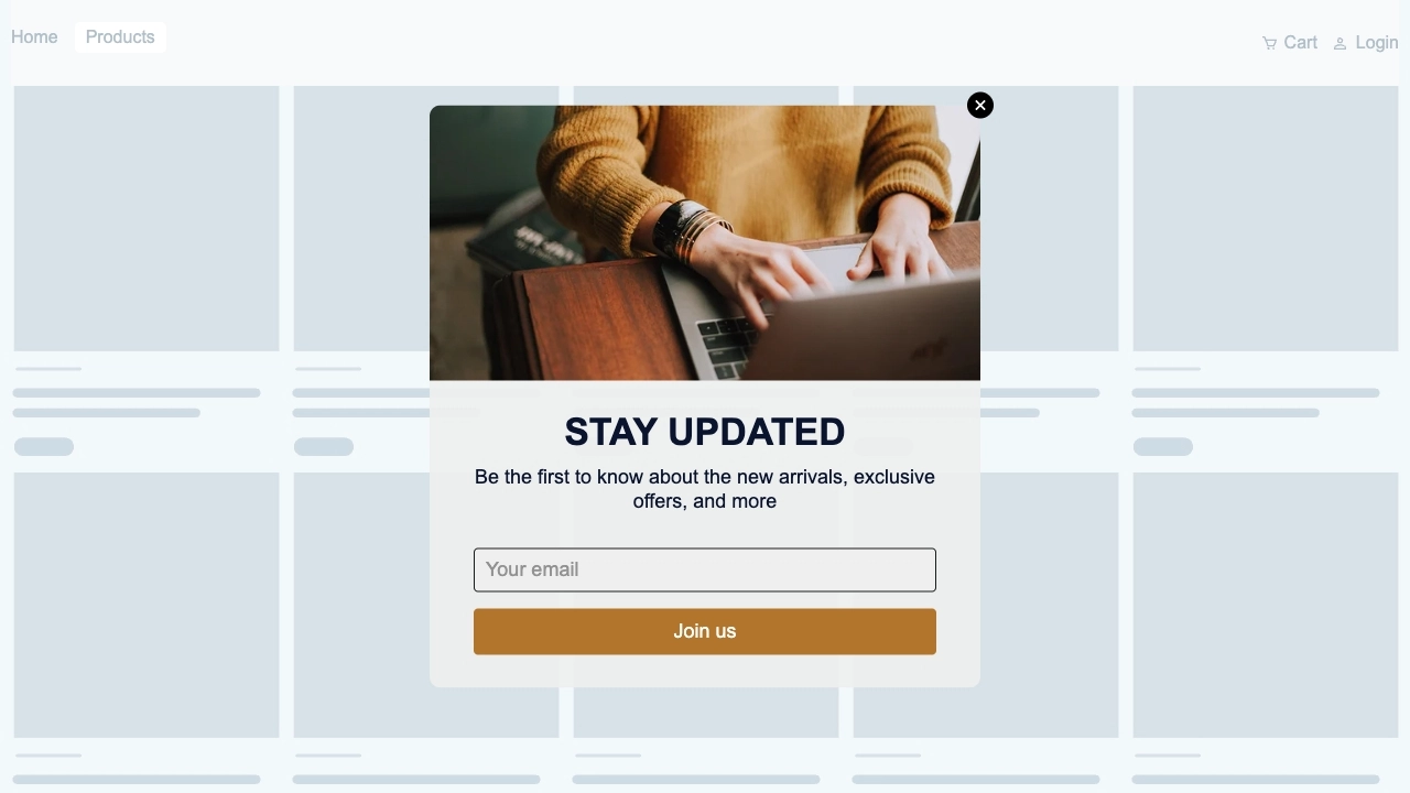 Email signup popup with discount incentive for growing newsletter subscribers and lead generation.
