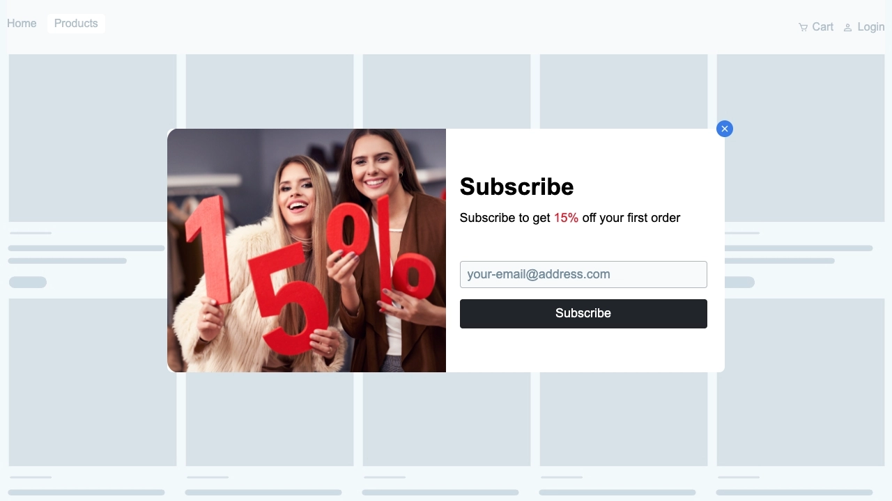 Email signup popup with discount incentive for growing newsletter subscribers and lead generation.