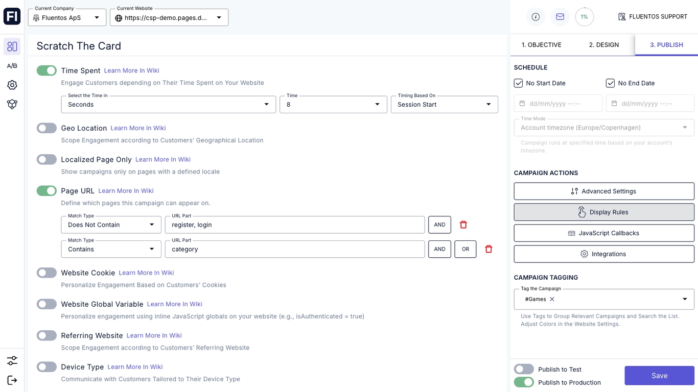Fluentos popup trigger settings for exit intent, time on site, geo location, and user behavior targeting.